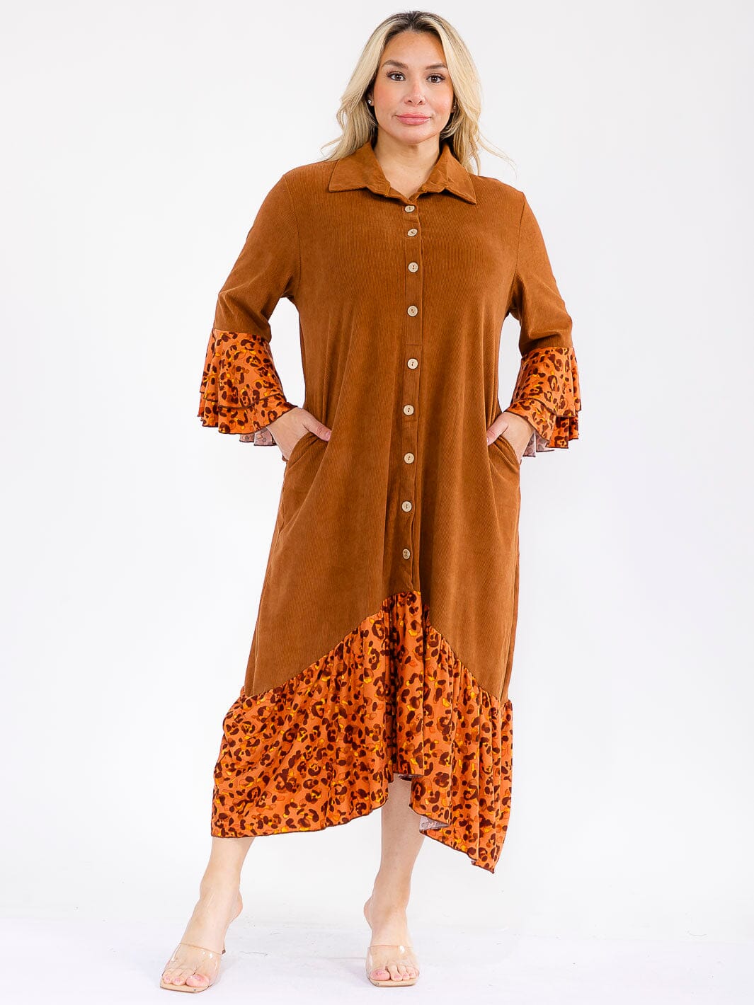 PLUS SIZE LONG BELL SLEEVE BUTTON UP FRONT POCKETS ANIMAL PRINT CONTRAST MAXI DRESS
