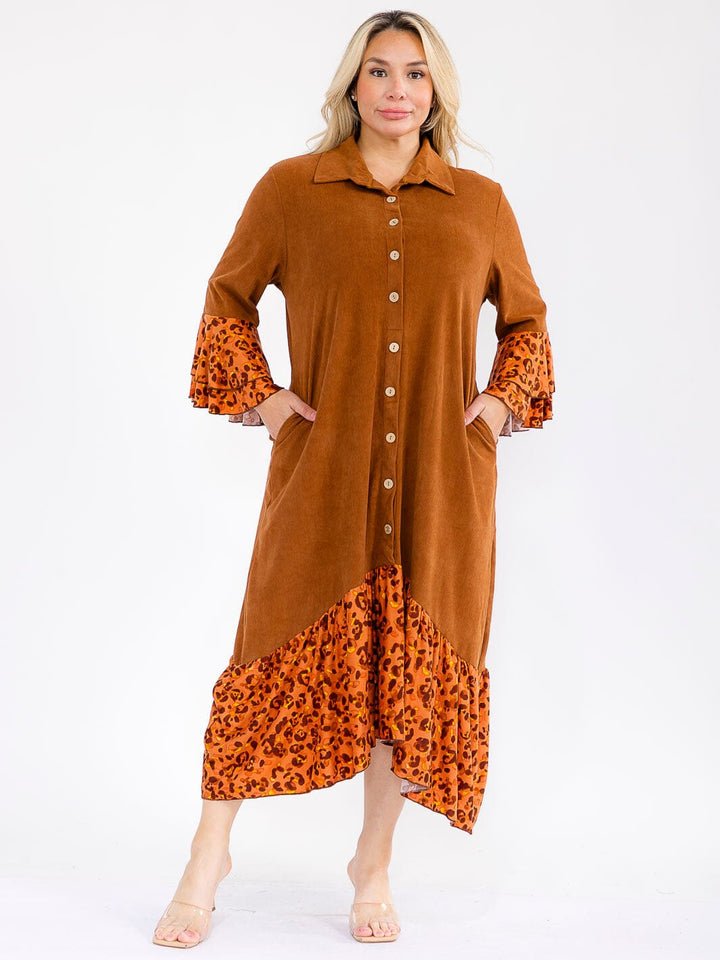 PLUS SIZE LONG BELL SLEEVE BUTTON UP FRONT POCKETS ANIMAL PRINT CONTRAST MAXI DRESS