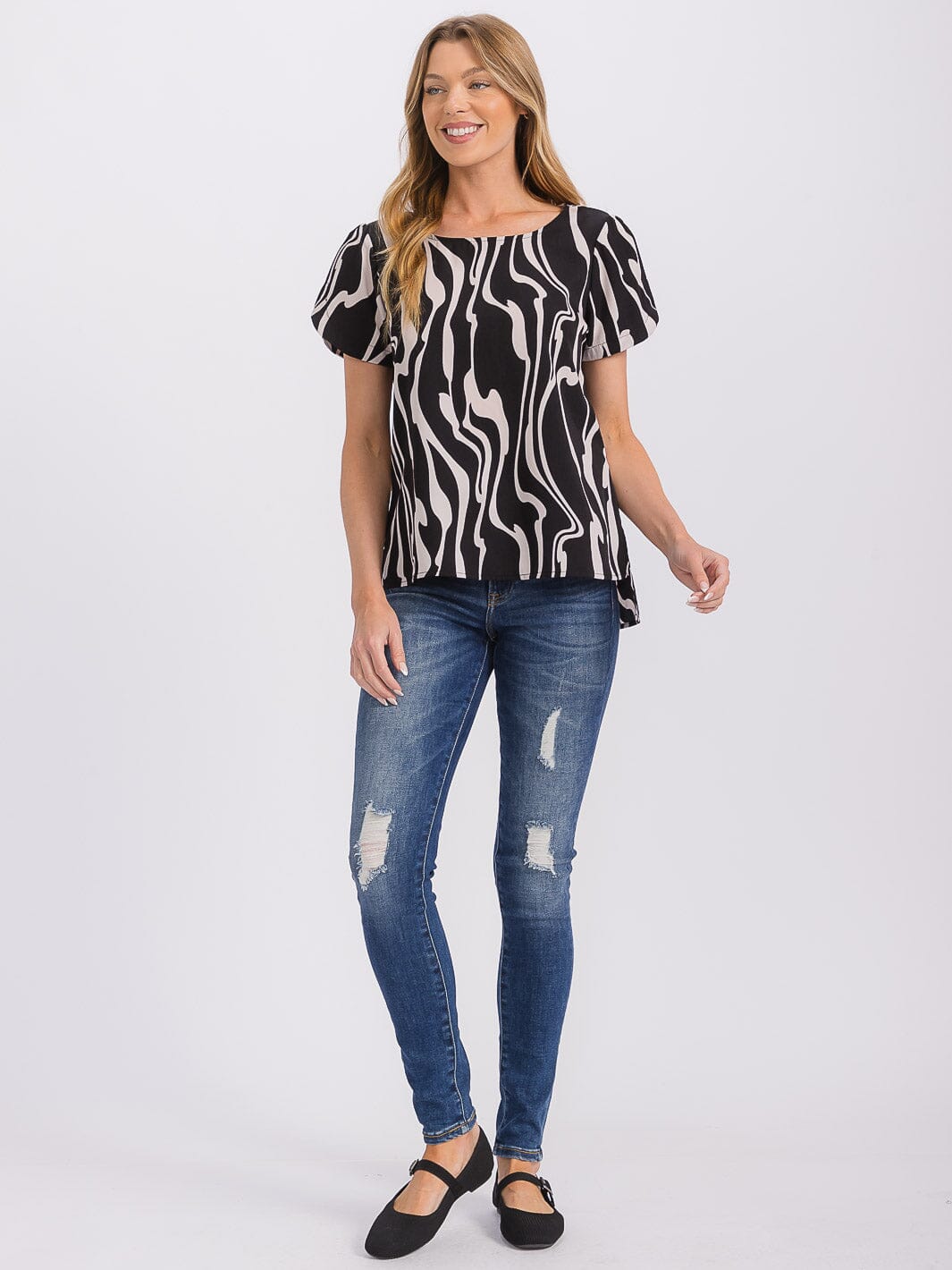 WOMEN'S SHORT SLEEVE PRINT DETAILED BLOUSE