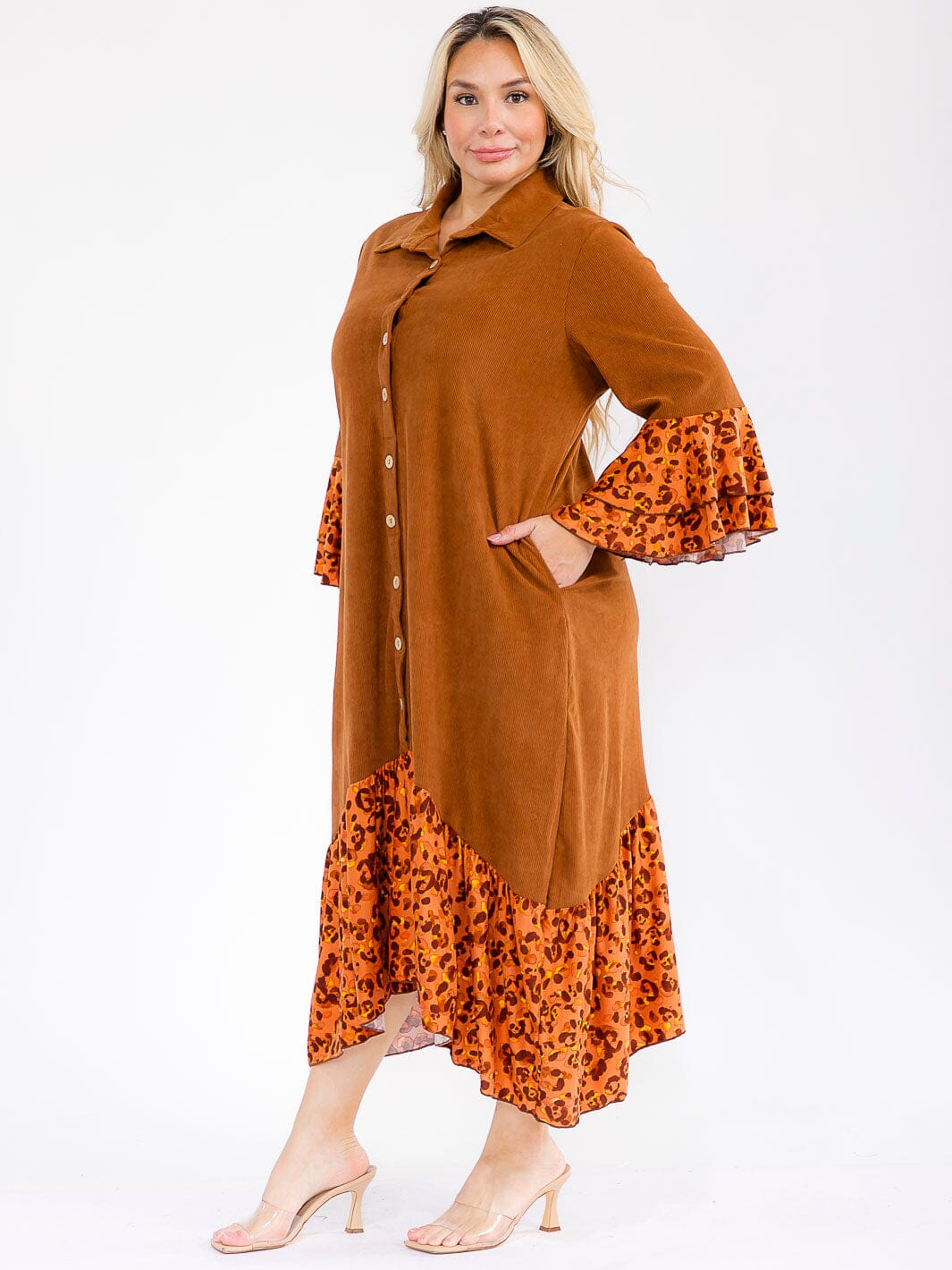 PLUS SIZE LONG BELL SLEEVE BUTTON UP FRONT POCKETS ANIMAL PRINT CONTRAST MAXI DRESS