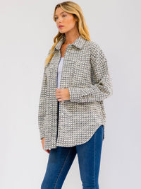 WOMEN'S LONG SLEEVE BUTTON UP FRONT POCKETS SHIMMER TWEED JACKET