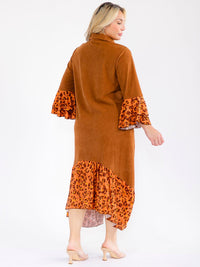 PLUS SIZE LONG BELL SLEEVE BUTTON UP FRONT POCKETS ANIMAL PRINT CONTRAST MAXI DRESS