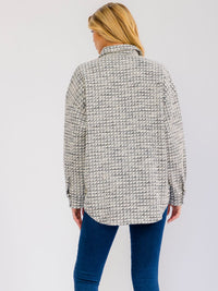 WOMEN'S LONG SLEEVE BUTTON UP FRONT POCKETS SHIMMER TWEED JACKET