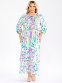 PLUS SIZE 3/4 SLEEVE FRONT POCKETS FLORAL PRINT MAXI DRESS