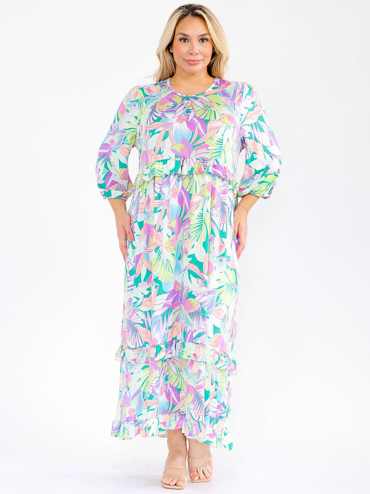PLUS SIZE 3/4 SLEEVE FRONT POCKETS FLORAL PRINT MAXI DRESS