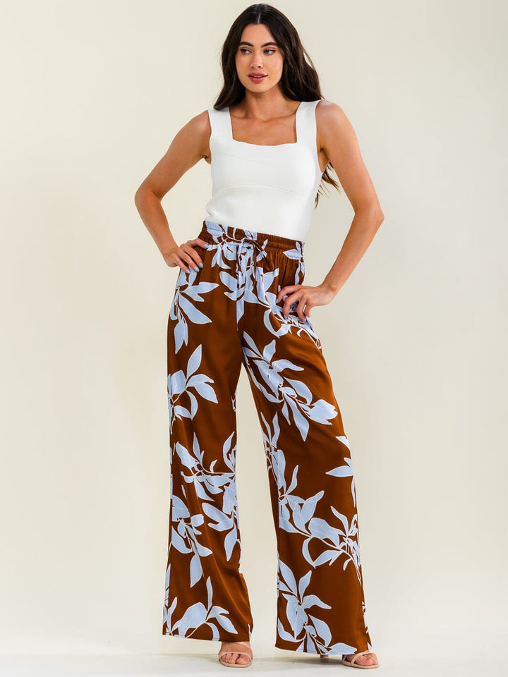 ENTRO WOMEN'S ELASTIC WAIST FRONT POCKETS FLORAL PRINT WIDE LEG PANTS
