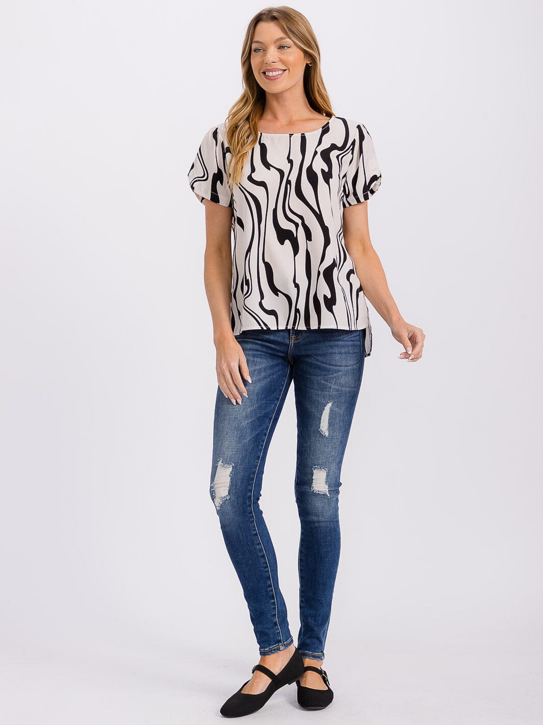 WOMEN'S SHORT SLEEVE PRINT DETAILED BLOUSE