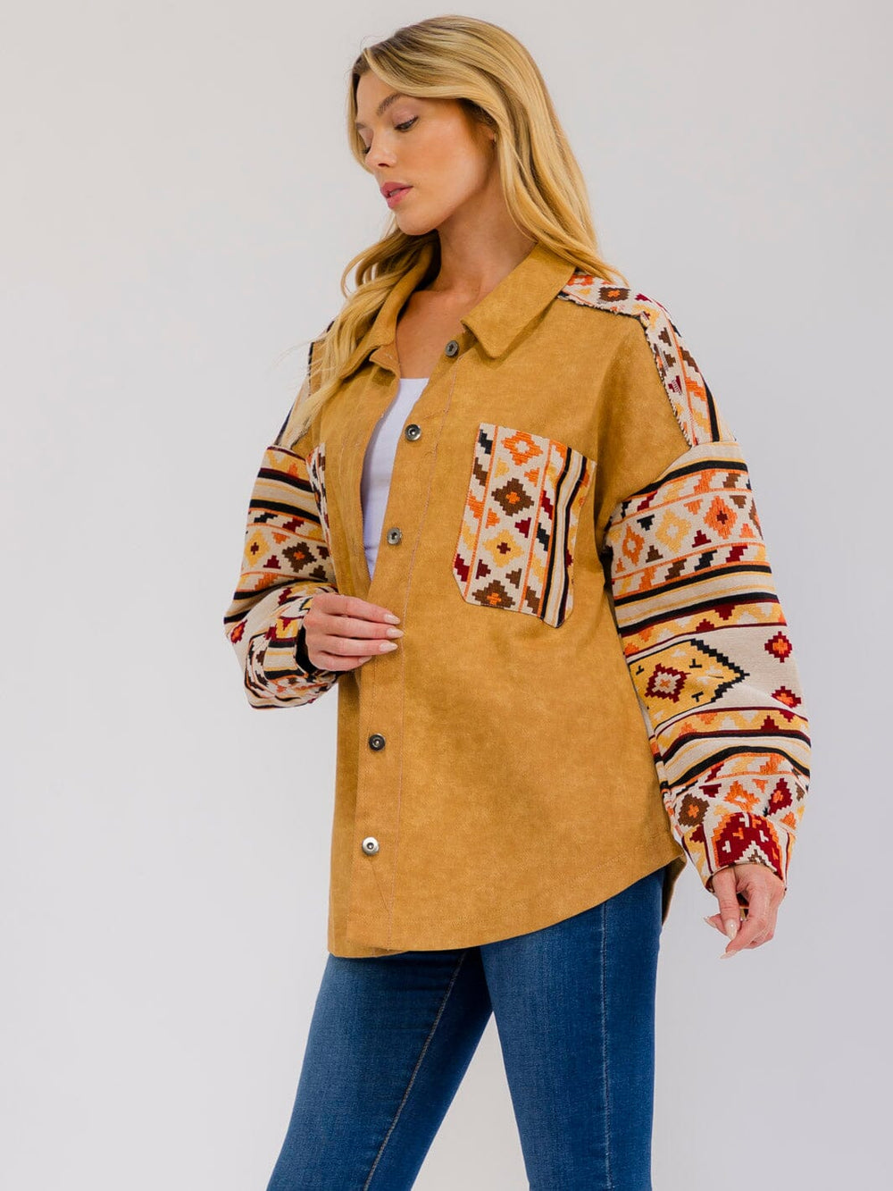 WOMEN'S LONG SLEEVE BUTTON UP FRONT POCKETS MULTI PRINT JACKET