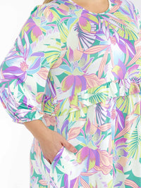 PLUS SIZE 3/4 SLEEVE FRONT POCKETS FLORAL PRINT MAXI DRESS