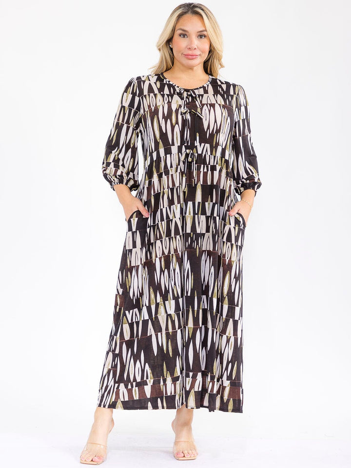 PLUS SIZE 3/4 SLEEVE FRONT POCKETS MULTI PRINT MAXI DRESS