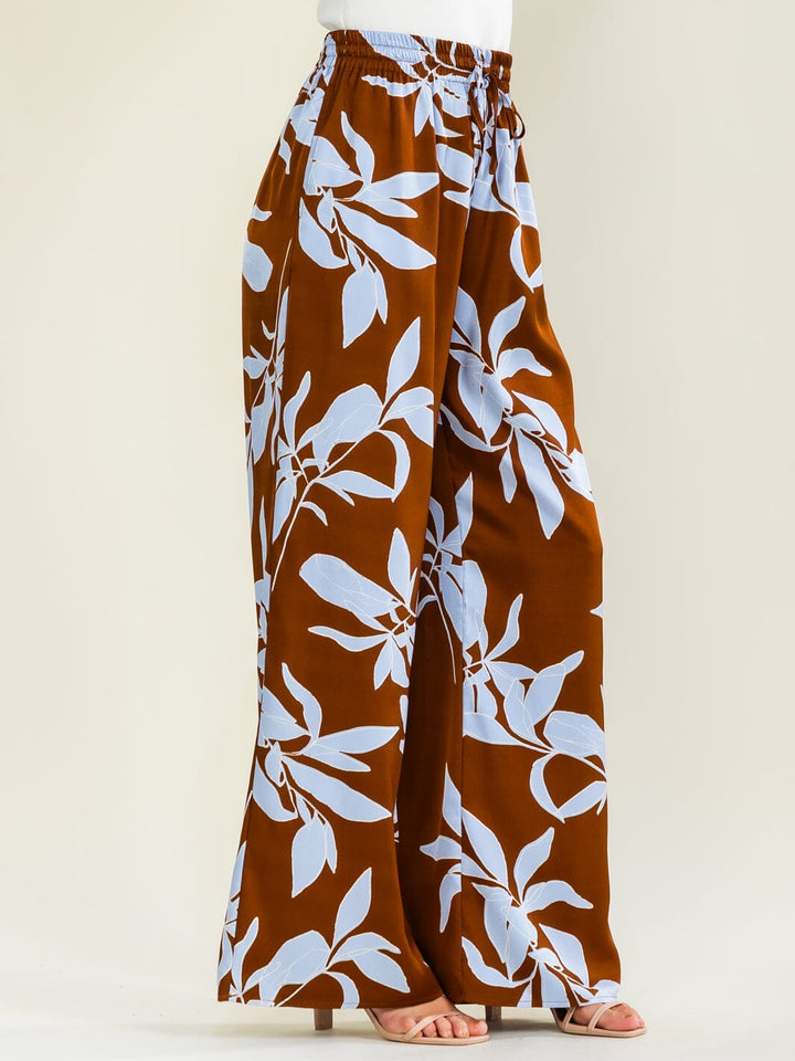 ENTRO WOMEN'S ELASTIC WAIST FRONT POCKETS FLORAL PRINT WIDE LEG PANTS
