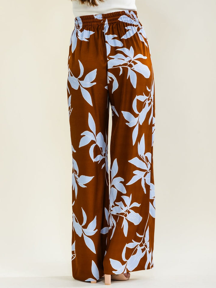 ENTRO WOMEN'S ELASTIC WAIST FRONT POCKETS FLORAL PRINT WIDE LEG PANTS