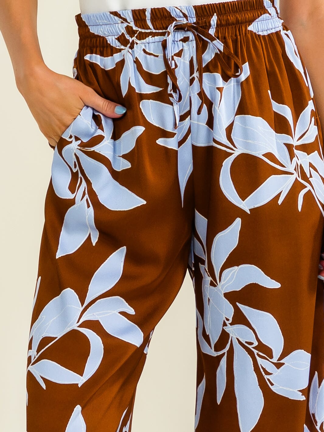 ENTRO WOMEN'S ELASTIC WAIST FRONT POCKETS FLORAL PRINT WIDE LEG PANTS