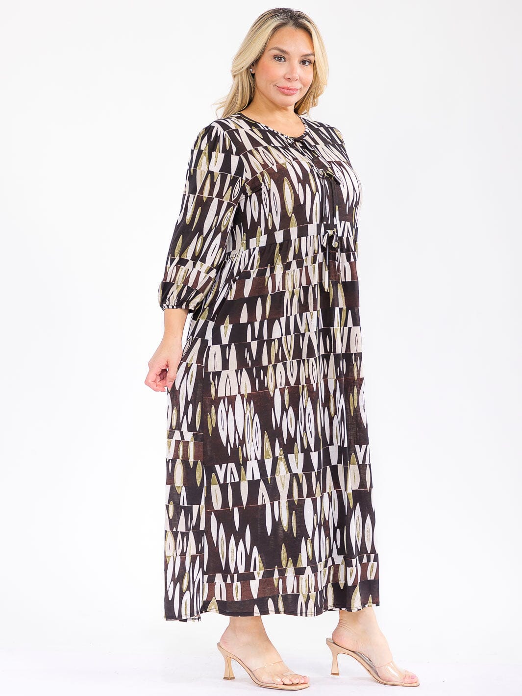 PLUS SIZE 3/4 SLEEVE FRONT POCKETS MULTI PRINT MAXI DRESS