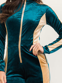 HALFHEART WOMEN'S LONG SLEEVE MOCK NECK POCKETS ZIP UP COLORBLOCK WIDE LEG VELVET JUMPSUIT
