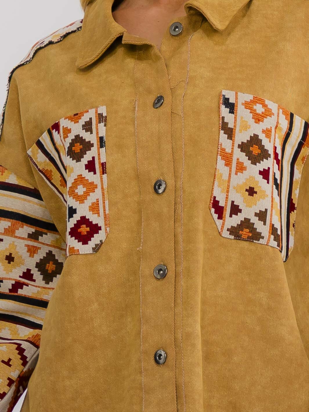 WOMEN'S LONG SLEEVE BUTTON UP FRONT POCKETS MULTI PRINT JACKET