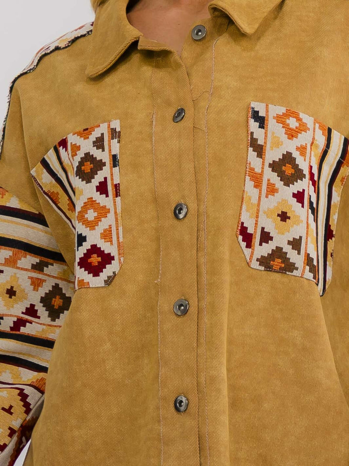 WOMEN'S LONG SLEEVE BUTTON UP FRONT POCKETS MULTI PRINT JACKET