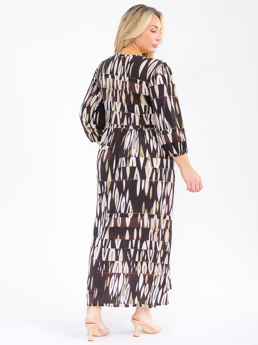 PLUS SIZE 3/4 SLEEVE FRONT POCKETS MULTI PRINT MAXI DRESS