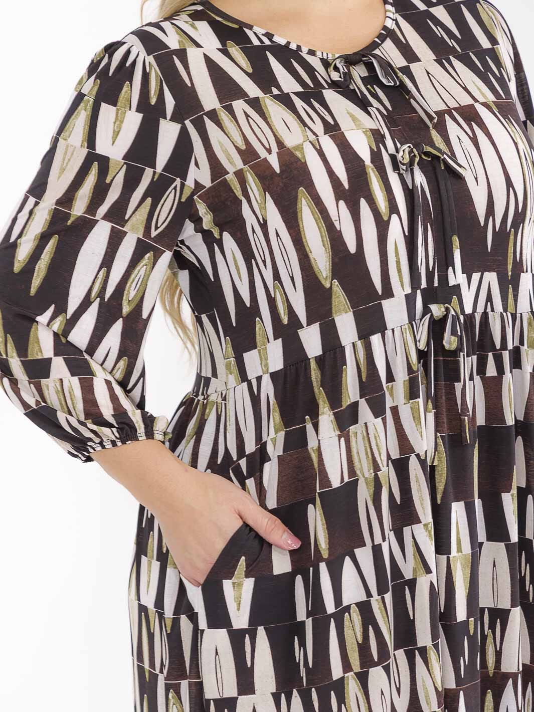 PLUS SIZE 3/4 SLEEVE FRONT POCKETS MULTI PRINT MAXI DRESS