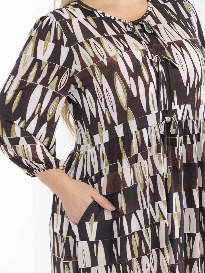 PLUS SIZE 3/4 SLEEVE FRONT POCKETS MULTI PRINT MAXI DRESS