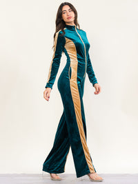 HALFHEART WOMEN'S LONG SLEEVE MOCK NECK POCKETS ZIP UP COLORBLOCK WIDE LEG VELVET JUMPSUIT