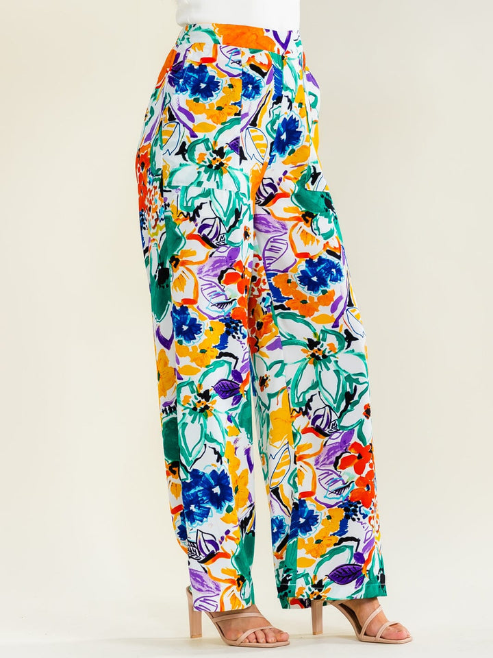 ENTRO WOMEN'S ELASTIC WAIST FRONT POCKETS FLORAL PRINT WIDE LEG PANTS