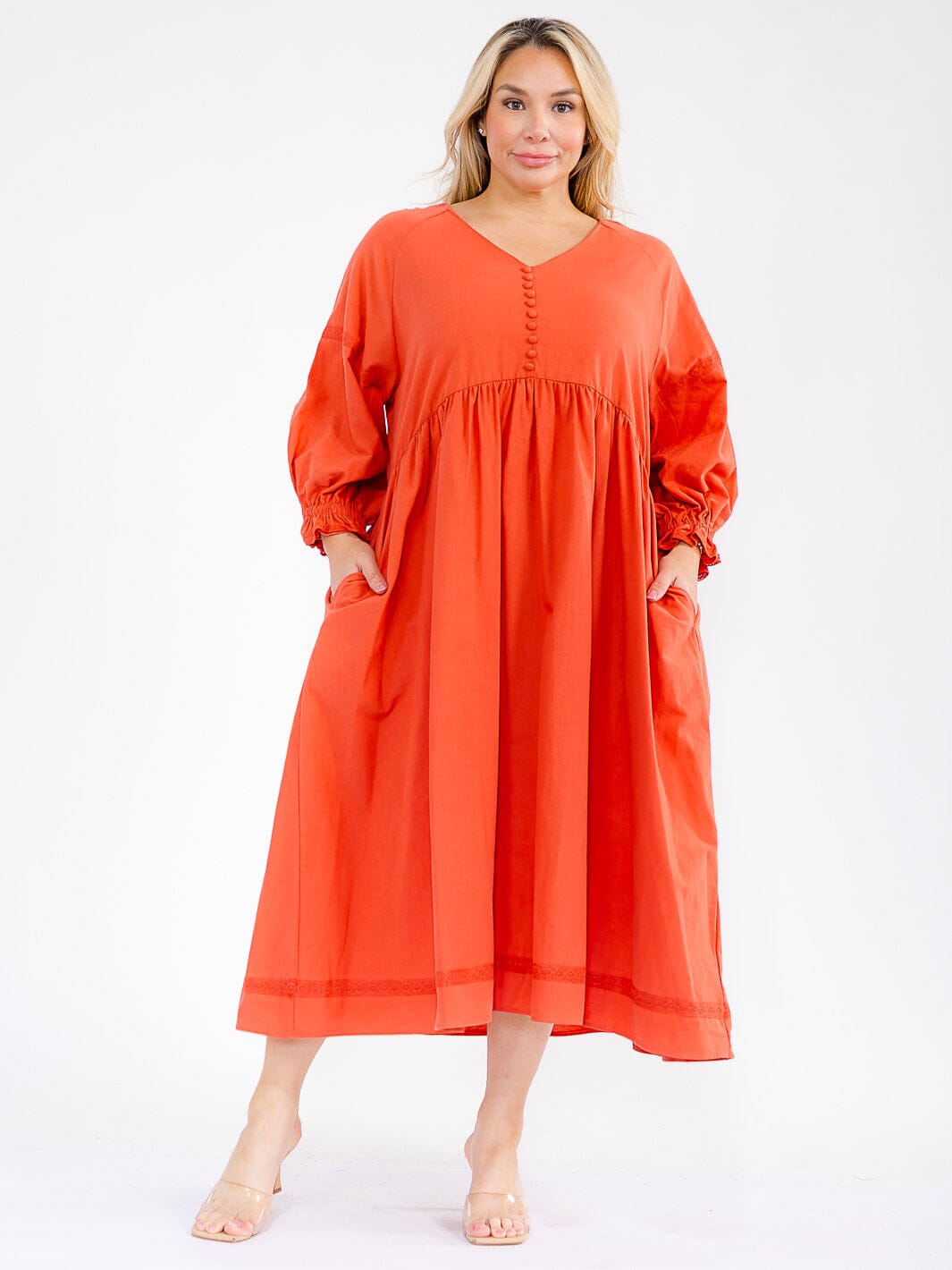 PLUS SIZE 3/4 SLEEVE V-NECK FRONT POCKETS LOOSE FIT LINEN MAXI DRESS