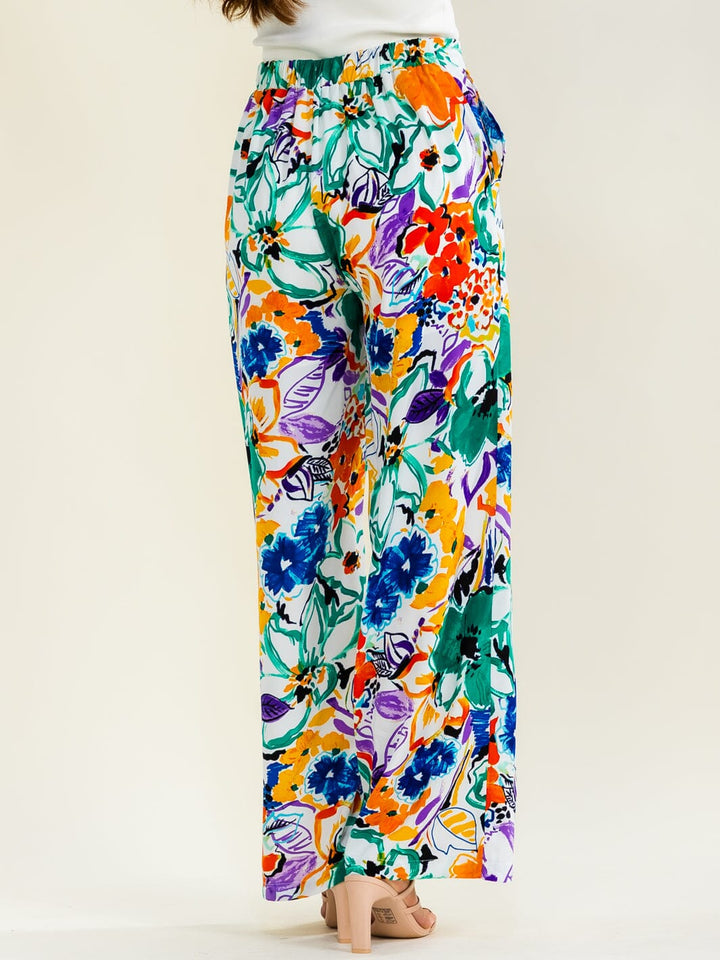 ENTRO WOMEN'S ELASTIC WAIST FRONT POCKETS FLORAL PRINT WIDE LEG PANTS