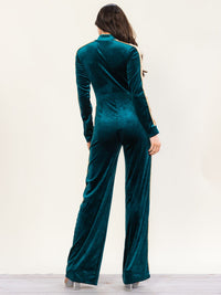 HALFHEART WOMEN'S LONG SLEEVE MOCK NECK POCKETS ZIP UP COLORBLOCK WIDE LEG VELVET JUMPSUIT