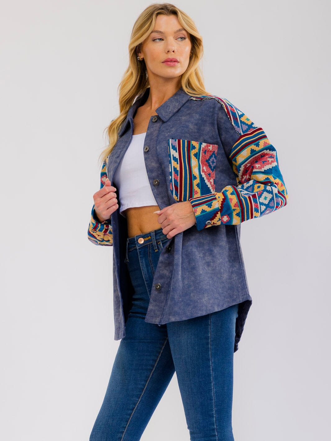 WOMEN'S LONG SLEEVE BUTTON UP FRONT POCKETS MULTI PRINT JACKET