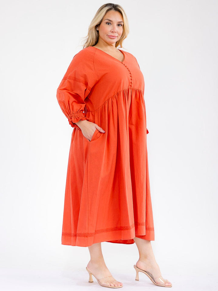 PLUS SIZE 3/4 SLEEVE V-NECK FRONT POCKETS LOOSE FIT LINEN MAXI DRESS