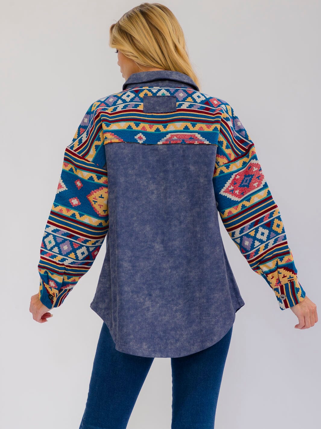 WOMEN'S LONG SLEEVE BUTTON UP FRONT POCKETS MULTI PRINT JACKET