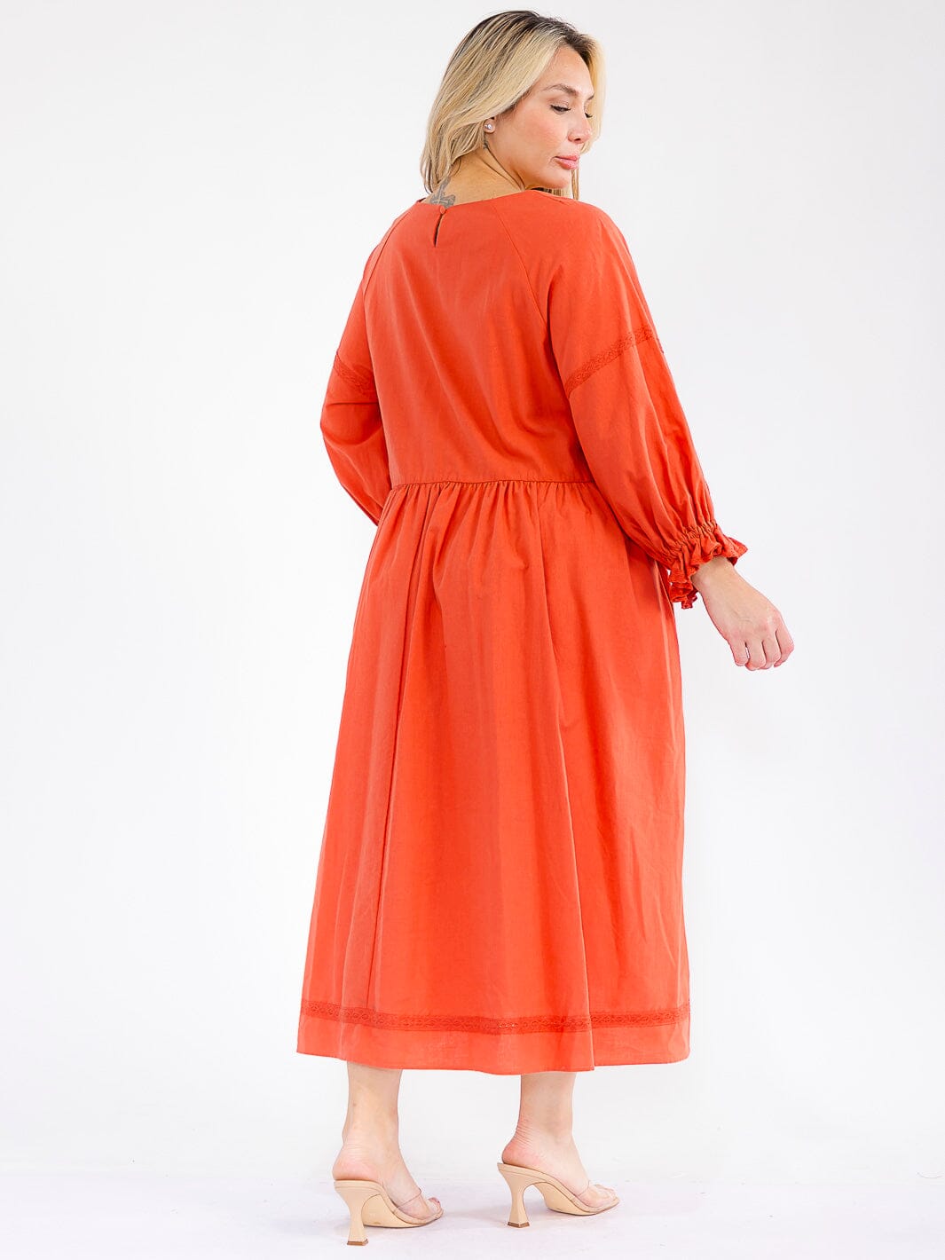 PLUS SIZE 3/4 SLEEVE V-NECK FRONT POCKETS LOOSE FIT LINEN MAXI DRESS