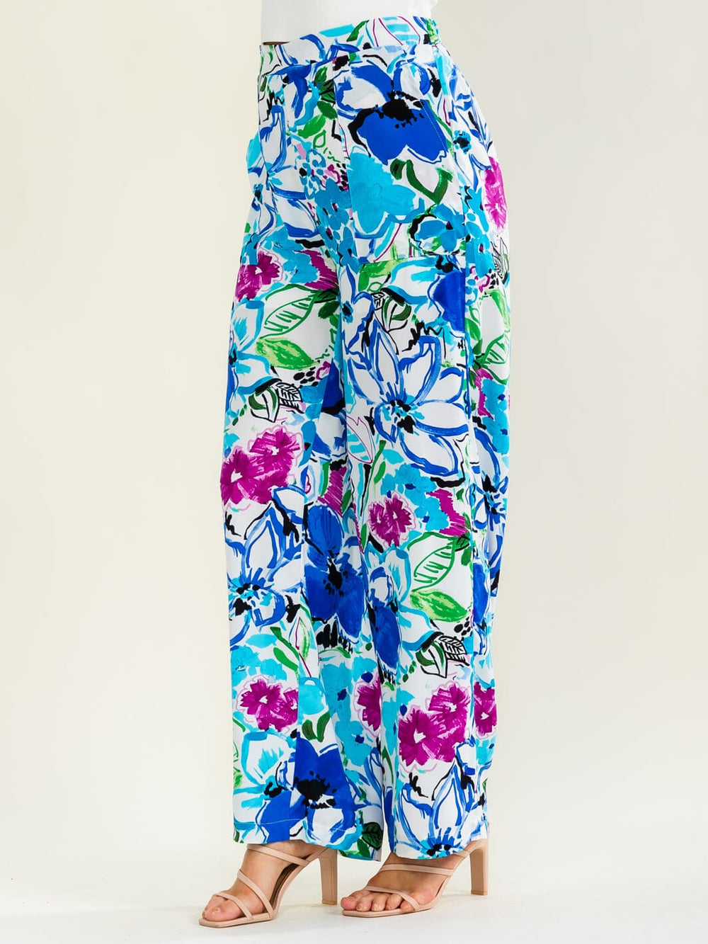 ENTRO WOMEN'S ELASTIC WAIST FRONT POCKETS FLORAL PRINT WIDE LEG PANTS