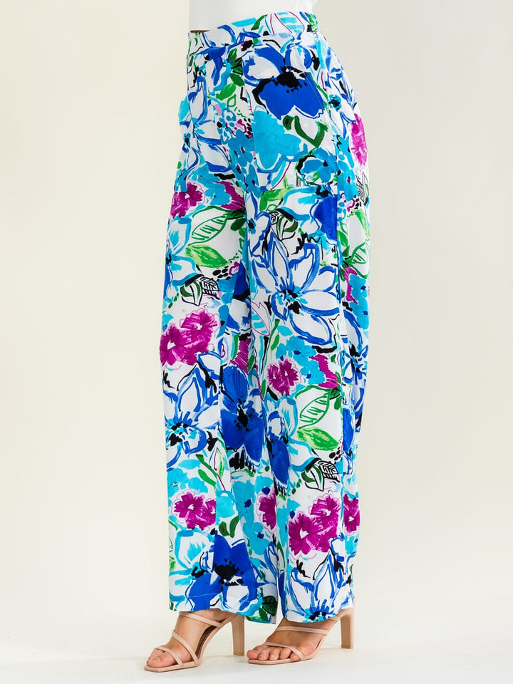 ENTRO WOMEN'S ELASTIC WAIST FRONT POCKETS FLORAL PRINT WIDE LEG PANTS