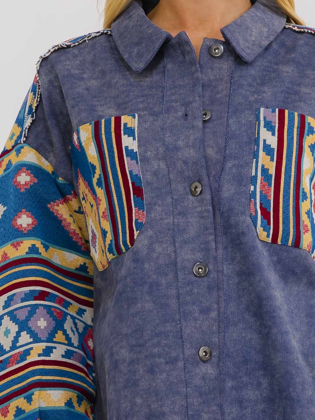 WOMEN'S LONG SLEEVE BUTTON UP FRONT POCKETS MULTI PRINT JACKET