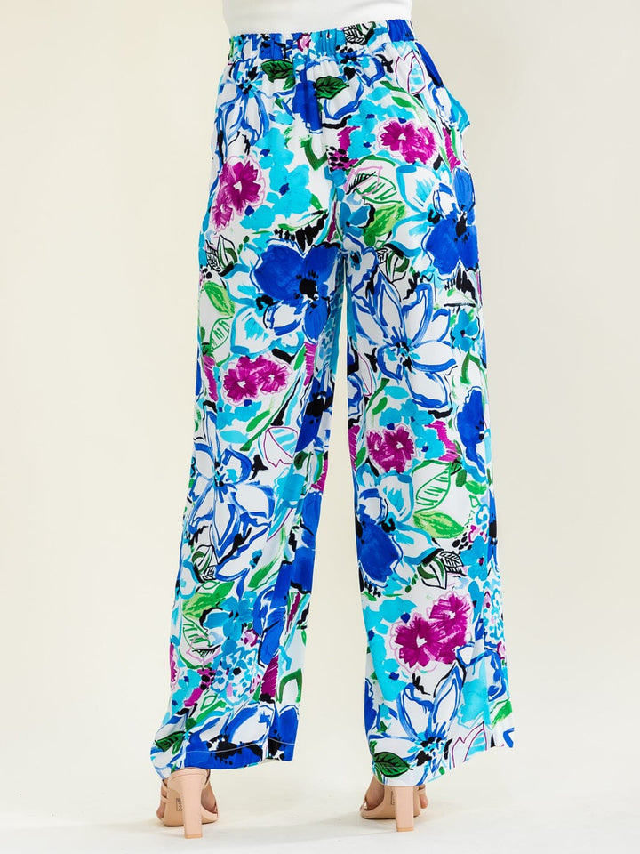 ENTRO WOMEN'S ELASTIC WAIST FRONT POCKETS FLORAL PRINT WIDE LEG PANTS