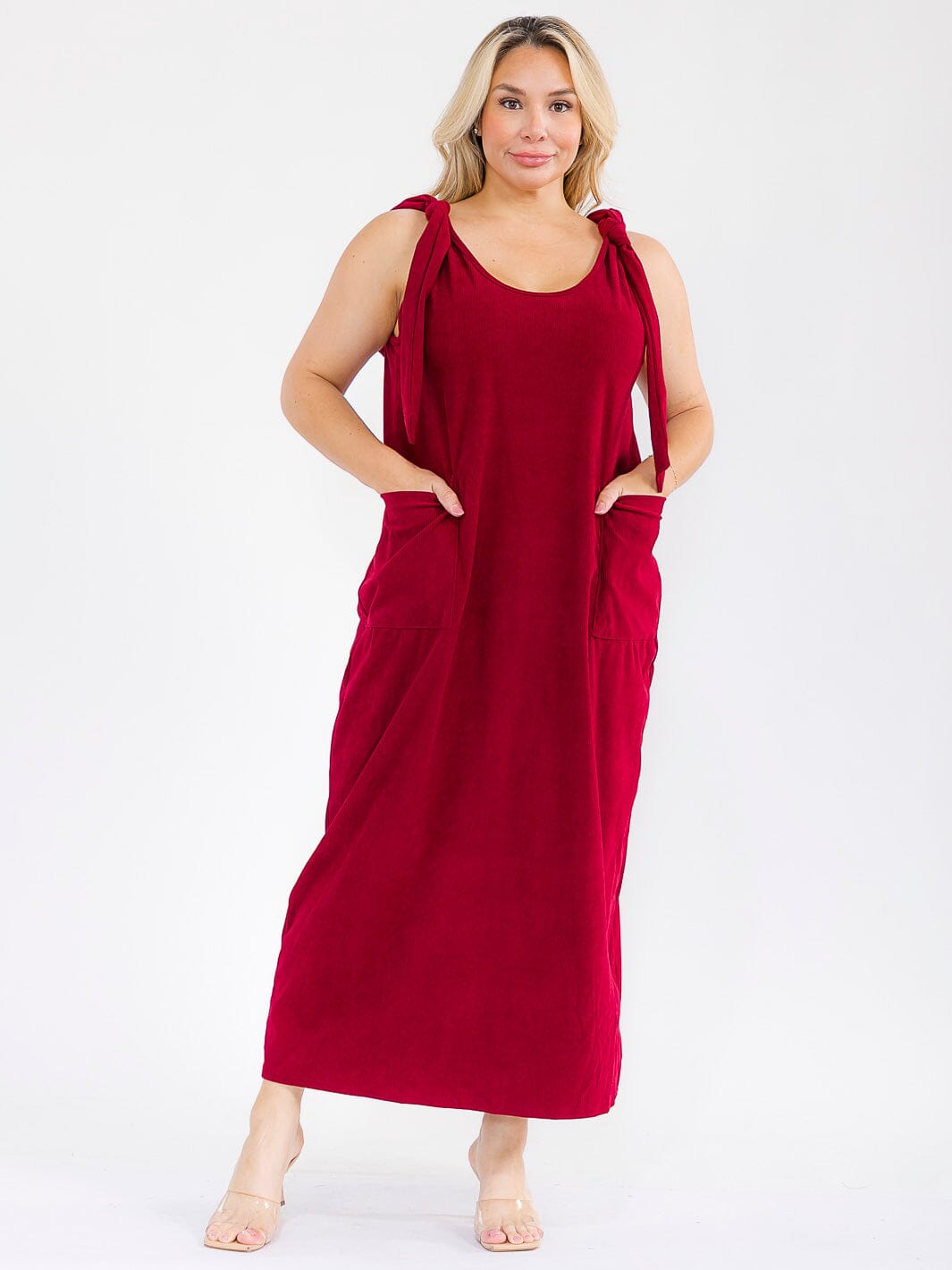 PLUS SIZE SLEEVELESS FRONT POCKETS CORDUROY MAXI DRESS