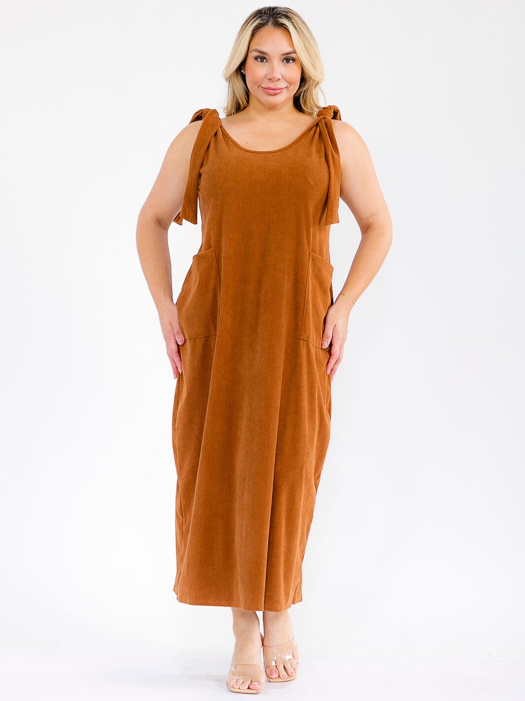 PLUS SIZE SLEEVELESS FRONT POCKETS CORDUROY MAXI DRESS