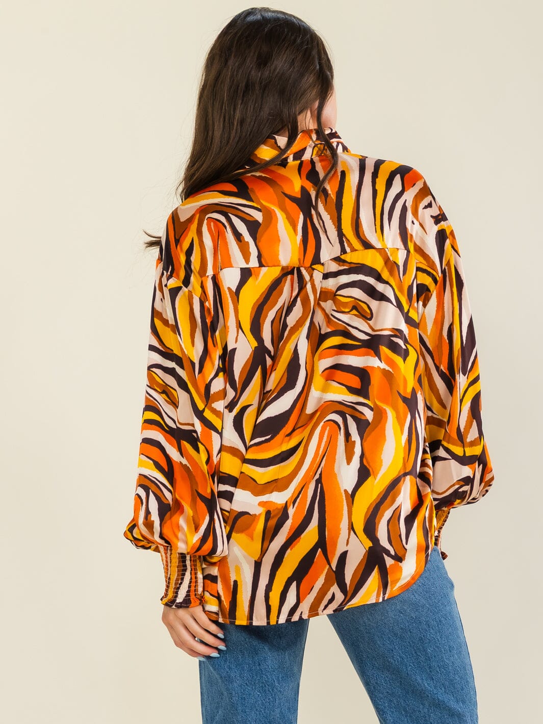 ENTRO WOMEN'S LONG SLEEVE BUTTON UP ANIMAL PRINT BLOUSE