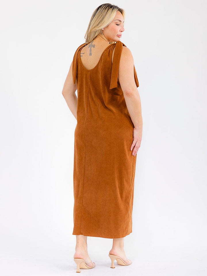 PLUS SIZE SLEEVELESS FRONT POCKETS CORDUROY MAXI DRESS