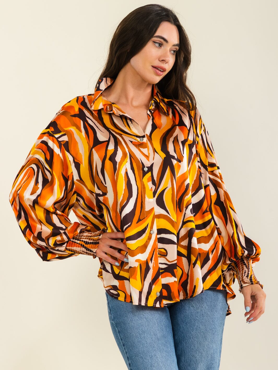 ENTRO WOMEN'S LONG SLEEVE BUTTON UP ANIMAL PRINT BLOUSE