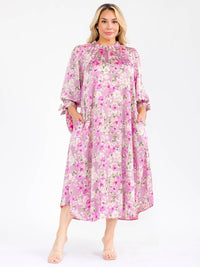 PLUS SIZE 3/4 SLEEVE FRONT POCKETS FLORAL PRINT MAXI DRESS