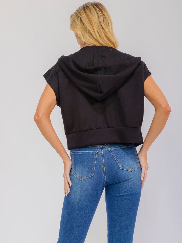 WOMEN'S SHORT SLEEVE ZIP UP FRONT POCKETS HOODED TOP