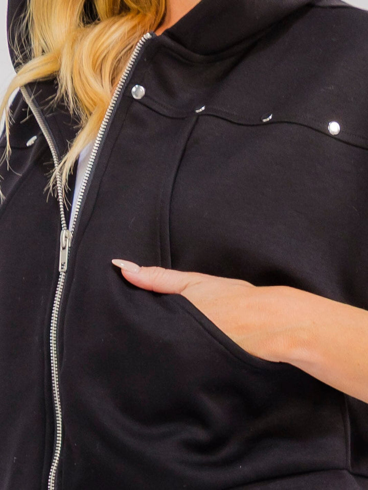 WOMEN'S SHORT SLEEVE ZIP UP FRONT POCKETS HOODED TOP