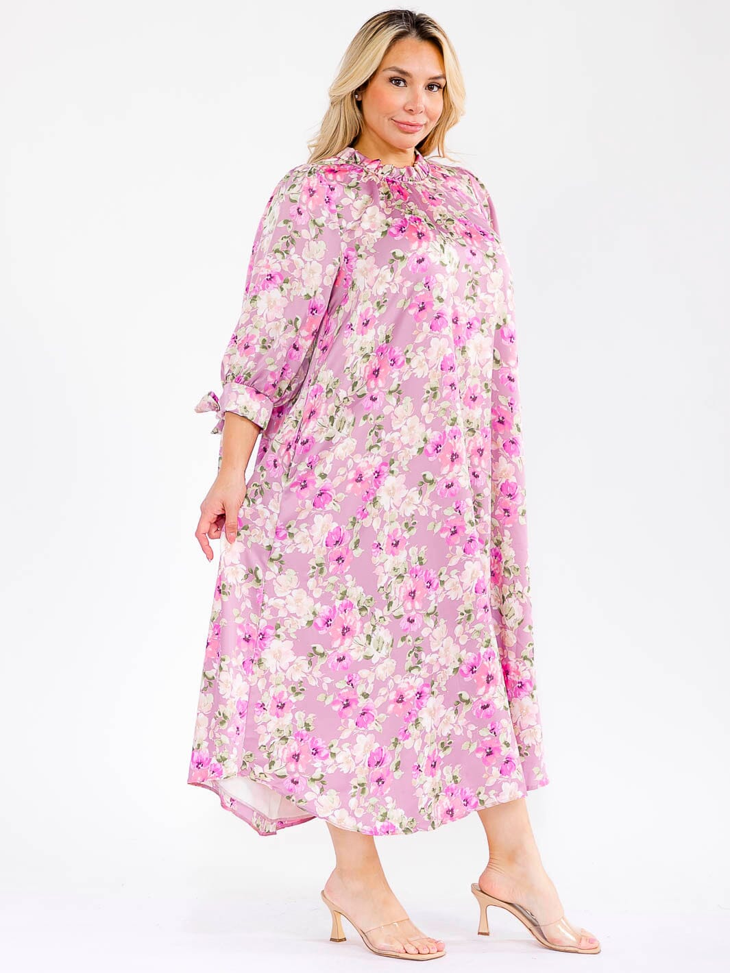 PLUS SIZE 3/4 SLEEVE FRONT POCKETS FLORAL PRINT MAXI DRESS