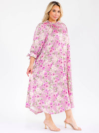 PLUS SIZE 3/4 SLEEVE FRONT POCKETS FLORAL PRINT MAXI DRESS
