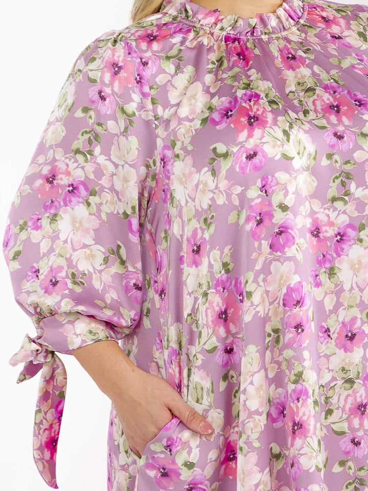 PLUS SIZE 3/4 SLEEVE FRONT POCKETS FLORAL PRINT MAXI DRESS