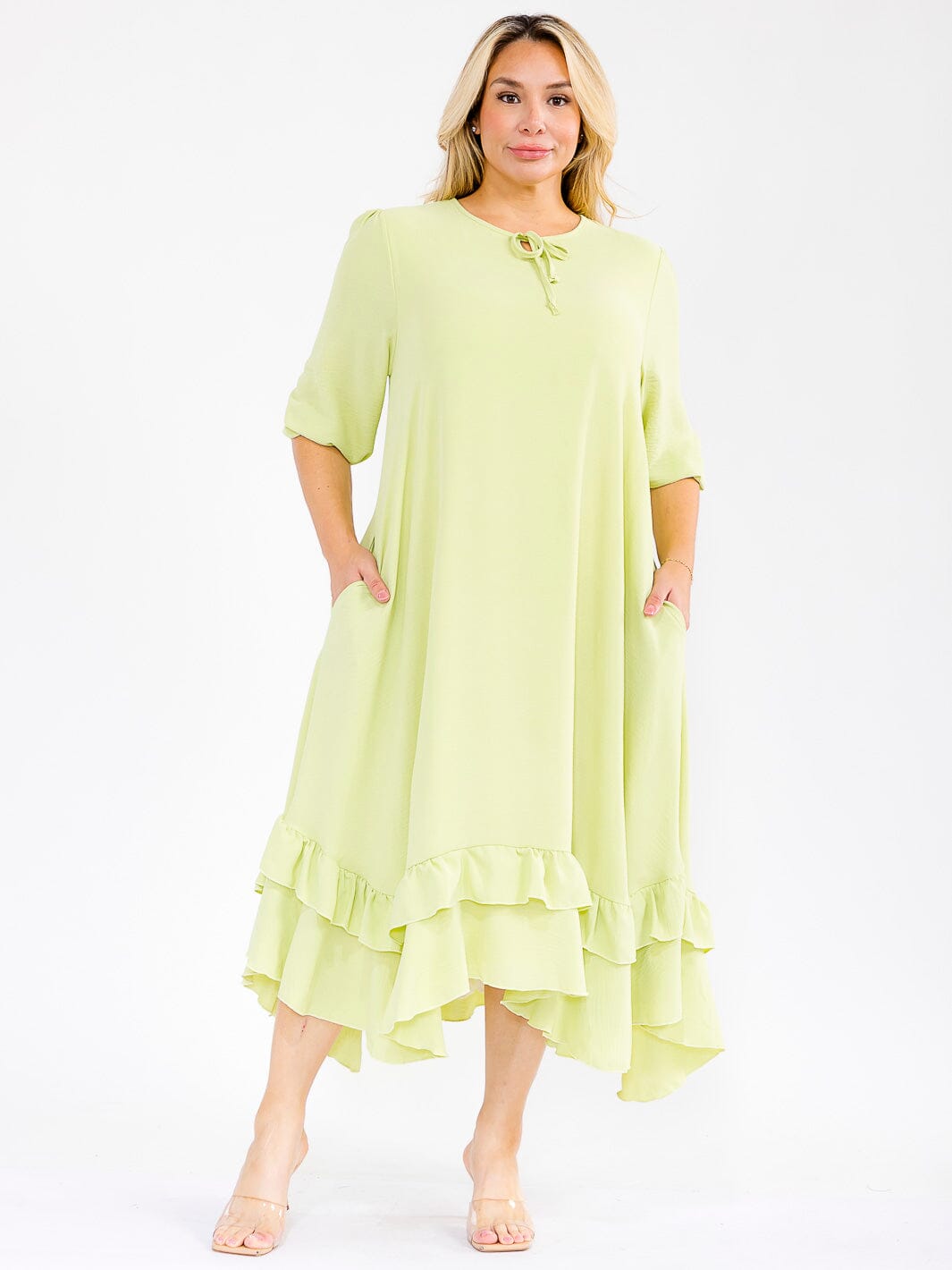 PLUS SIZE 3/4 SLEEVE RUFFLE BOTTOM HEM FRONT POCKETS LOOSE FIT MAXI DRESS