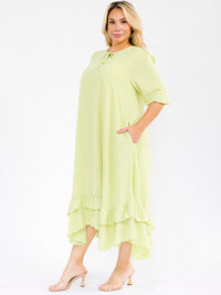 PLUS SIZE 3/4 SLEEVE RUFFLE BOTTOM HEM FRONT POCKETS LOOSE FIT MAXI DRESS